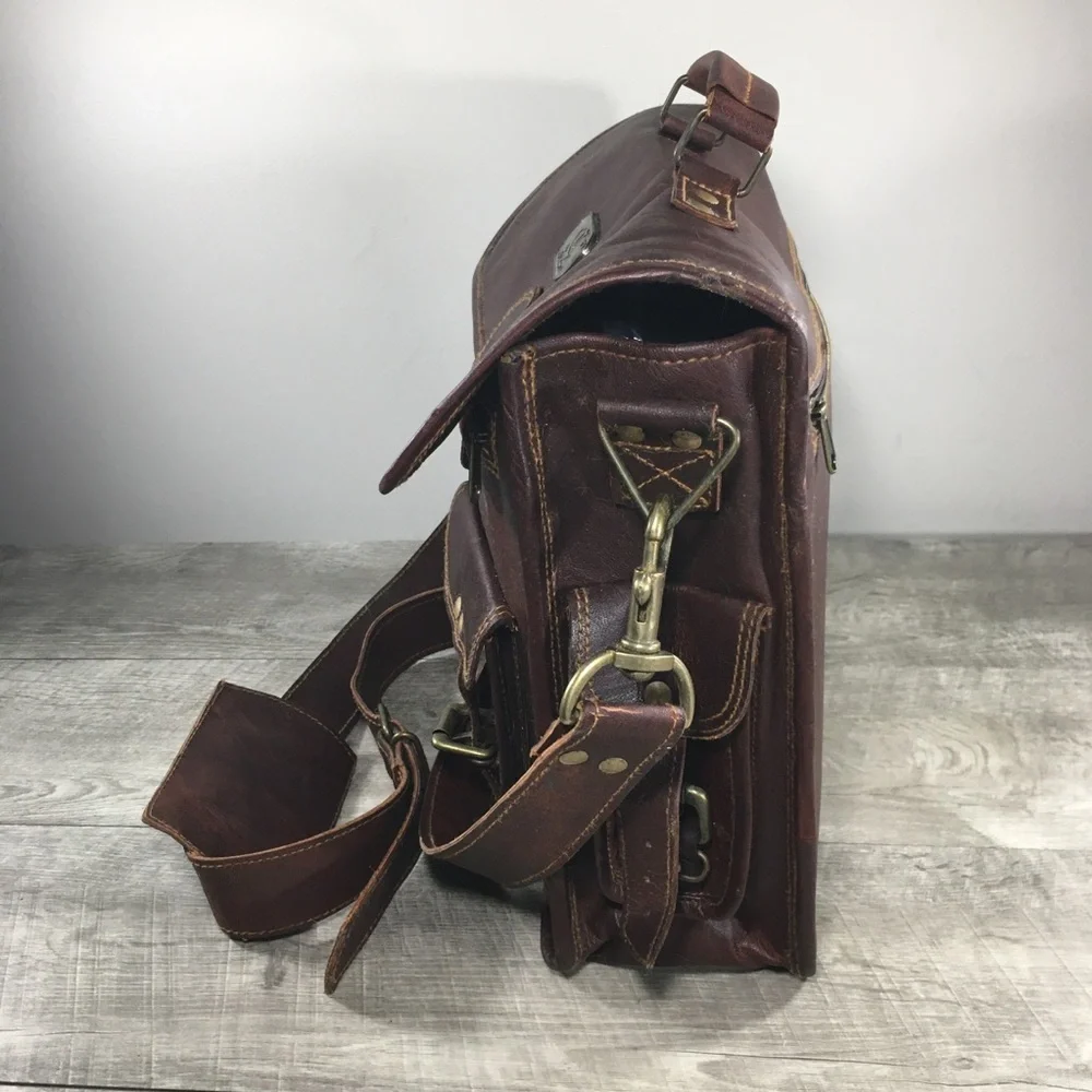 Vtg Waxed Leather Brown School Messenger Briefcase Shoulder Bag Computer Laptop